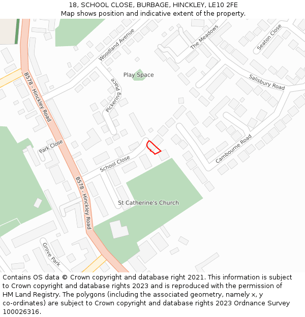 18, SCHOOL CLOSE, BURBAGE, HINCKLEY, LE10 2FE: Location map and indicative extent of plot