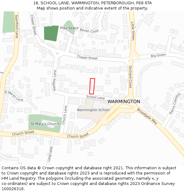 18, SCHOOL LANE, WARMINGTON, PETERBOROUGH, PE8 6TA: Location map and indicative extent of plot