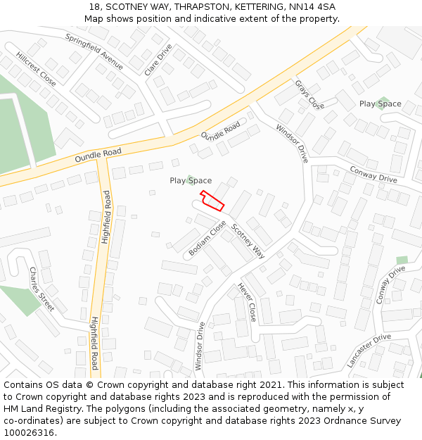 18, SCOTNEY WAY, THRAPSTON, KETTERING, NN14 4SA: Location map and indicative extent of plot