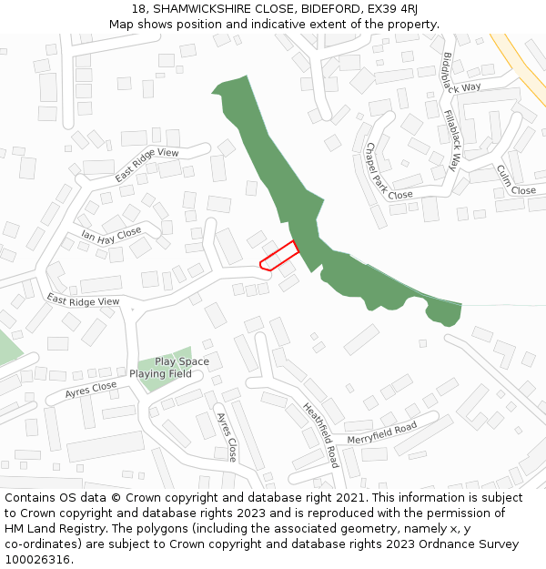 18, SHAMWICKSHIRE CLOSE, BIDEFORD, EX39 4RJ: Location map and indicative extent of plot