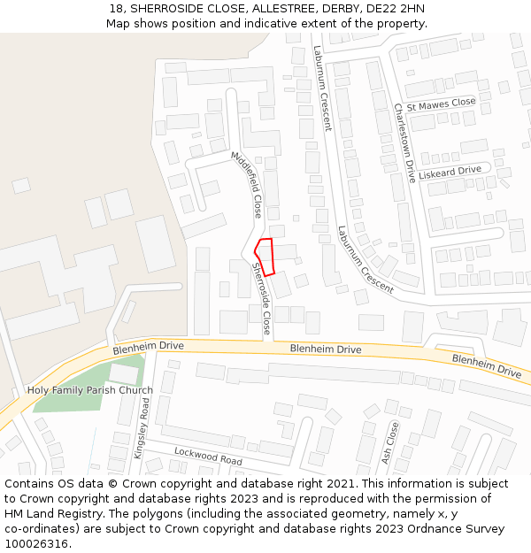 18, SHERROSIDE CLOSE, ALLESTREE, DERBY, DE22 2HN: Location map and indicative extent of plot
