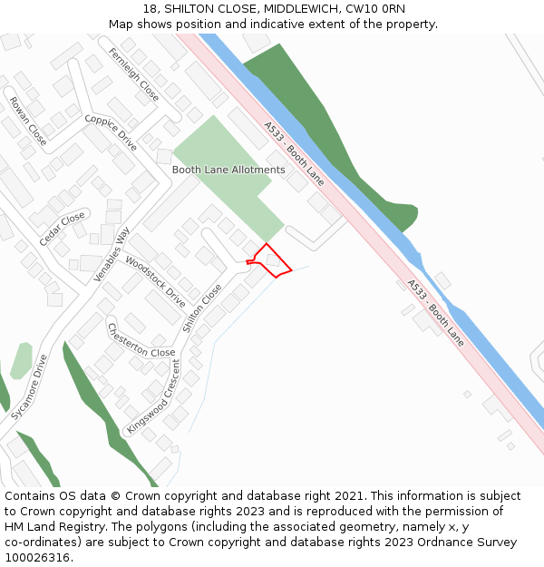 18, SHILTON CLOSE, MIDDLEWICH, CW10 0RN: Location map and indicative extent of plot