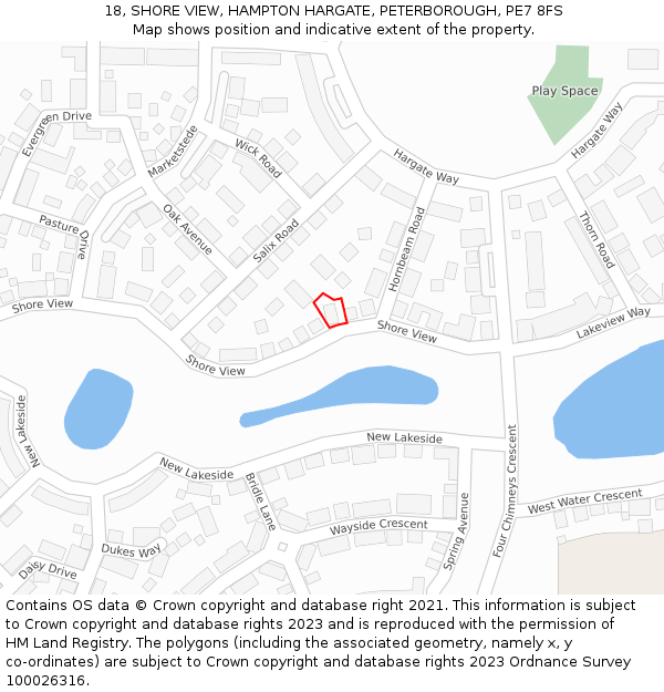 18, SHORE VIEW, HAMPTON HARGATE, PETERBOROUGH, PE7 8FS: Location map and indicative extent of plot