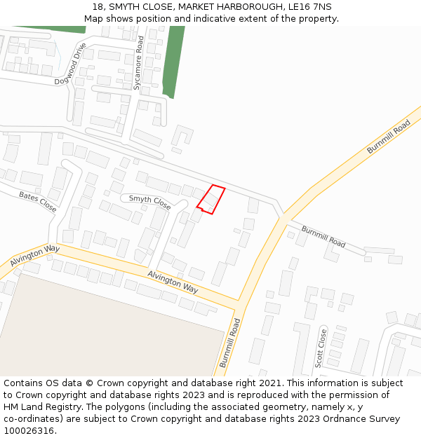 18, SMYTH CLOSE, MARKET HARBOROUGH, LE16 7NS: Location map and indicative extent of plot