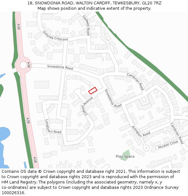 18, SNOWDONIA ROAD, WALTON CARDIFF, TEWKESBURY, GL20 7RZ: Location map and indicative extent of plot