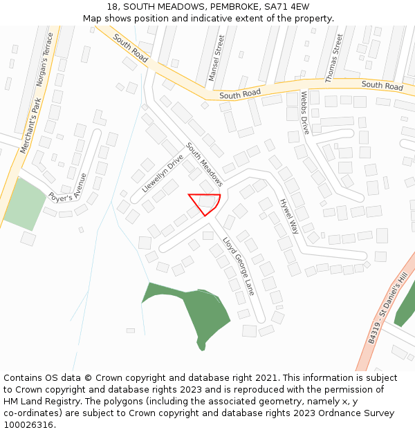 18, SOUTH MEADOWS, PEMBROKE, SA71 4EW: Location map and indicative extent of plot
