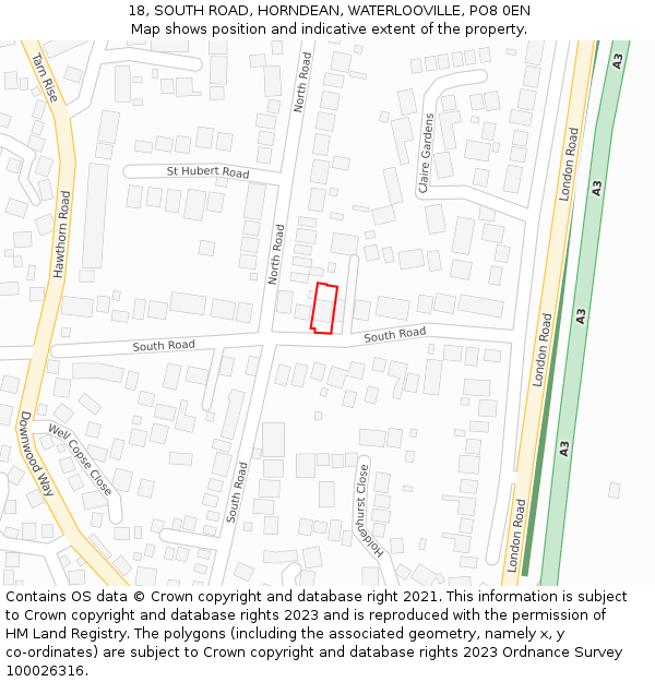 18, SOUTH ROAD, HORNDEAN, WATERLOOVILLE, PO8 0EN: Location map and indicative extent of plot