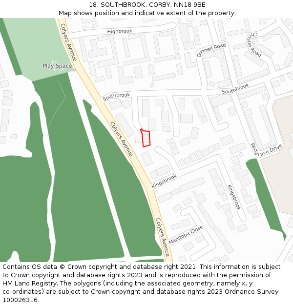 18, SOUTHBROOK, CORBY, NN18 9BE: Location map and indicative extent of plot