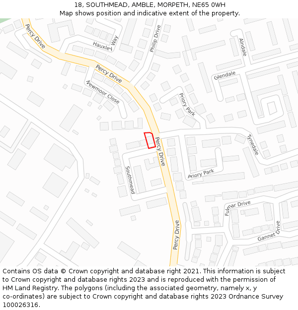 18, SOUTHMEAD, AMBLE, MORPETH, NE65 0WH: Location map and indicative extent of plot