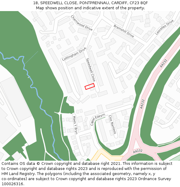 18, SPEEDWELL CLOSE, PONTPRENNAU, CARDIFF, CF23 8QF: Location map and indicative extent of plot