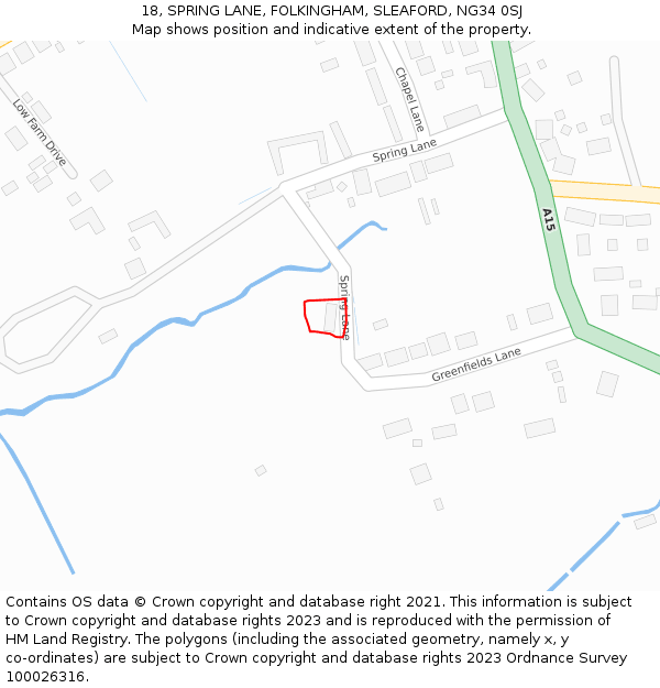 18, SPRING LANE, FOLKINGHAM, SLEAFORD, NG34 0SJ: Location map and indicative extent of plot