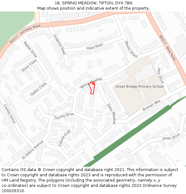 18, SPRING MEADOW, TIPTON, DY4 7BA: Location map and indicative extent of plot