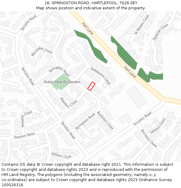18, SPRINGSTON ROAD, HARTLEPOOL, TS26 0EY: Location map and indicative extent of plot