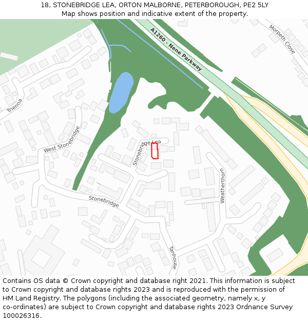18, STONEBRIDGE LEA, ORTON MALBORNE, PETERBOROUGH, PE2 5LY: Location map and indicative extent of plot