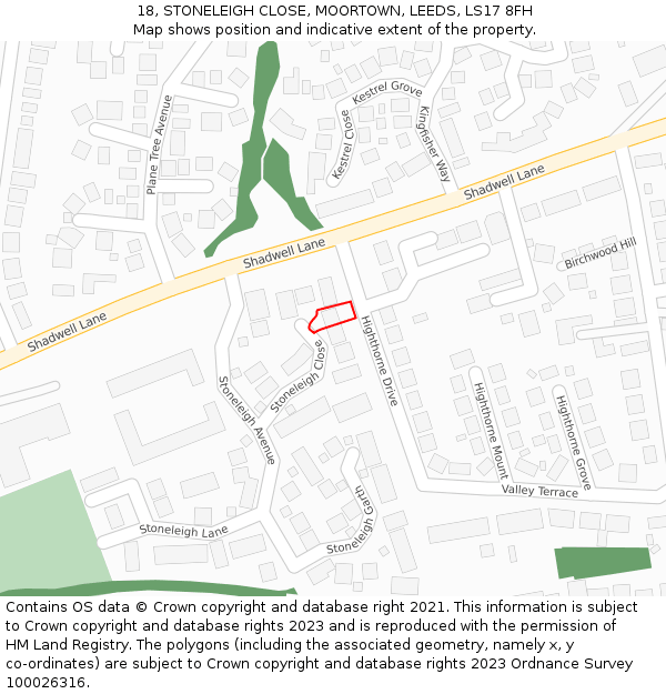 18, STONELEIGH CLOSE, MOORTOWN, LEEDS, LS17 8FH: Location map and indicative extent of plot