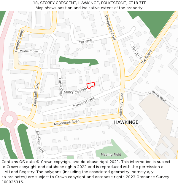 18, STOREY CRESCENT, HAWKINGE, FOLKESTONE, CT18 7TT: Location map and indicative extent of plot