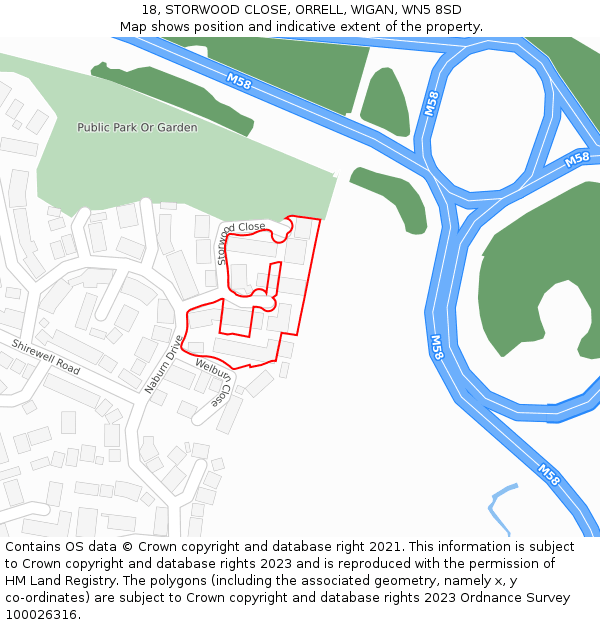 18, STORWOOD CLOSE, ORRELL, WIGAN, WN5 8SD: Location map and indicative extent of plot