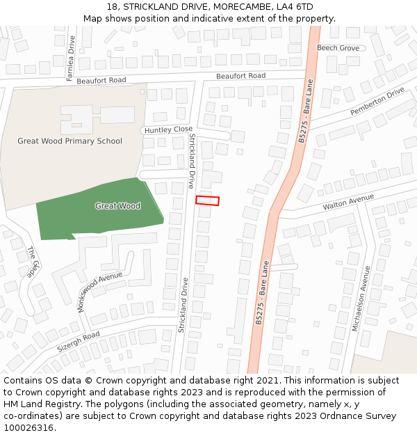 18, STRICKLAND DRIVE, MORECAMBE, LA4 6TD: Location map and indicative extent of plot