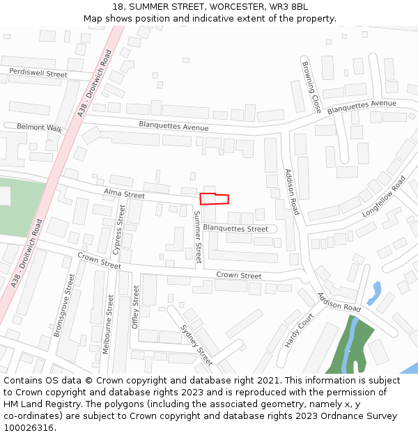 18, SUMMER STREET, WORCESTER, WR3 8BL: Location map and indicative extent of plot