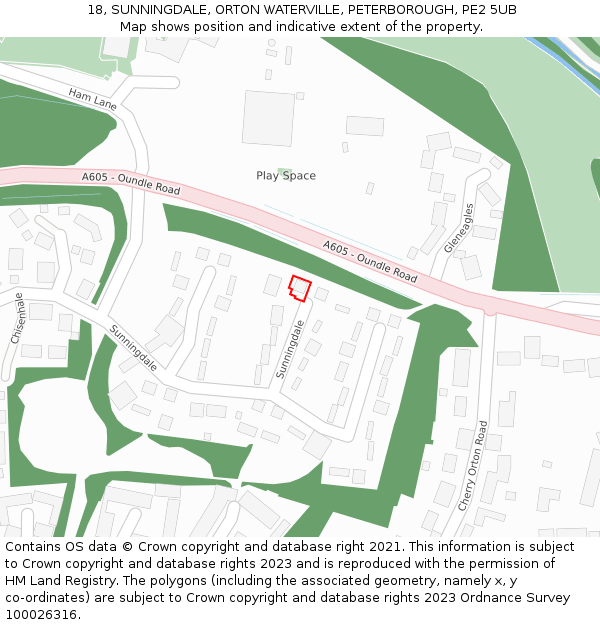 18, SUNNINGDALE, ORTON WATERVILLE, PETERBOROUGH, PE2 5UB: Location map and indicative extent of plot