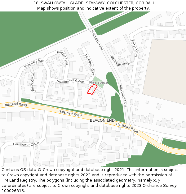 18, SWALLOWTAIL GLADE, STANWAY, COLCHESTER, CO3 0AH: Location map and indicative extent of plot