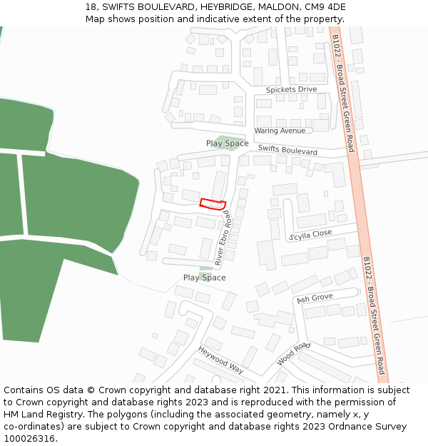 18, SWIFTS BOULEVARD, HEYBRIDGE, MALDON, CM9 4DE: Location map and indicative extent of plot