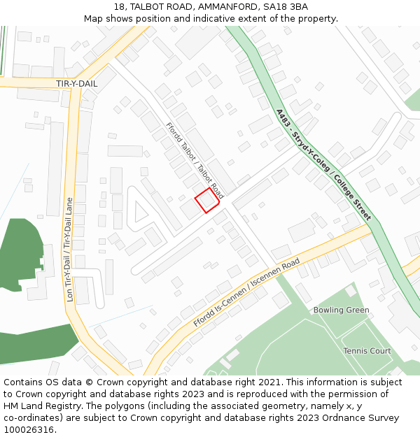 18, TALBOT ROAD, AMMANFORD, SA18 3BA: Location map and indicative extent of plot