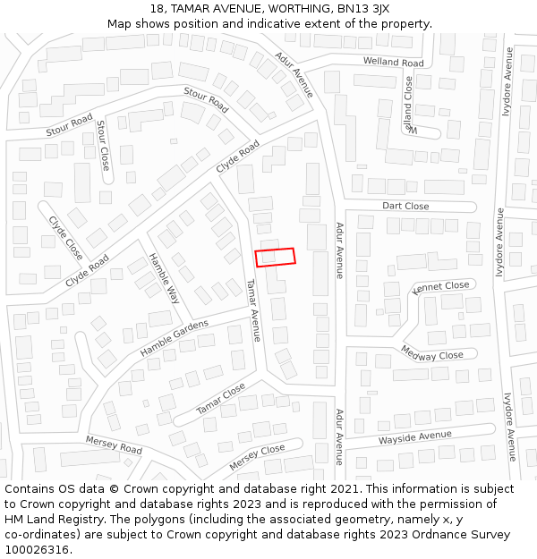 18, TAMAR AVENUE, WORTHING, BN13 3JX: Location map and indicative extent of plot
