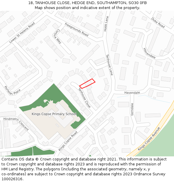 18, TANHOUSE CLOSE, HEDGE END, SOUTHAMPTON, SO30 0FB: Location map and indicative extent of plot