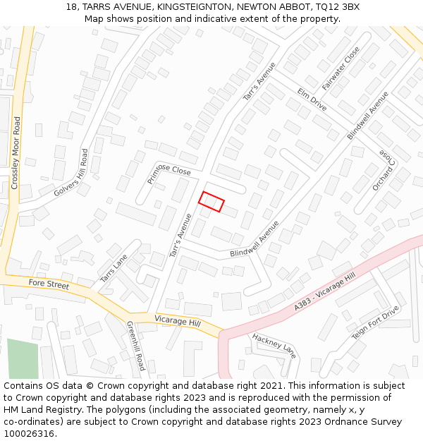 18, TARRS AVENUE, KINGSTEIGNTON, NEWTON ABBOT, TQ12 3BX: Location map and indicative extent of plot