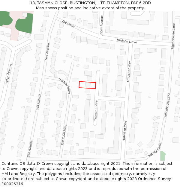 18, TASMAN CLOSE, RUSTINGTON, LITTLEHAMPTON, BN16 2BD: Location map and indicative extent of plot