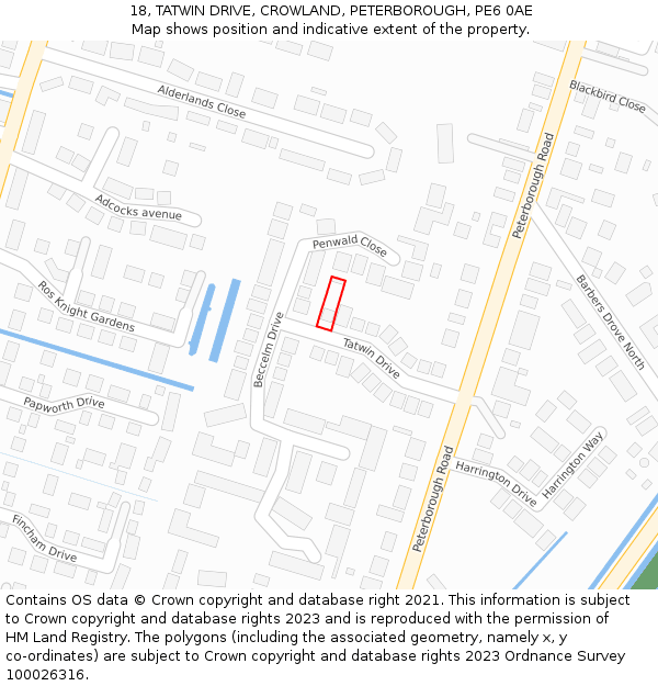 18, TATWIN DRIVE, CROWLAND, PETERBOROUGH, PE6 0AE: Location map and indicative extent of plot