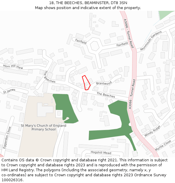 18, THE BEECHES, BEAMINSTER, DT8 3SN: Location map and indicative extent of plot