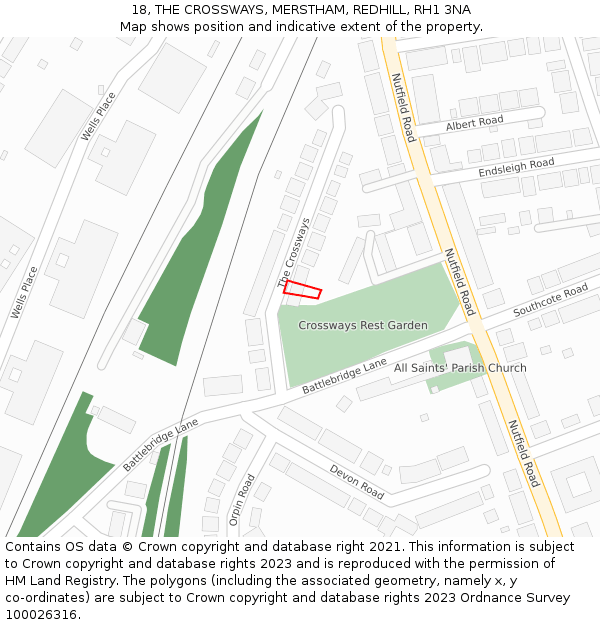 18, THE CROSSWAYS, MERSTHAM, REDHILL, RH1 3NA: Location map and indicative extent of plot