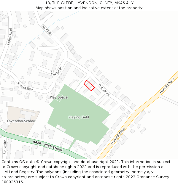 18, THE GLEBE, LAVENDON, OLNEY, MK46 4HY: Location map and indicative extent of plot