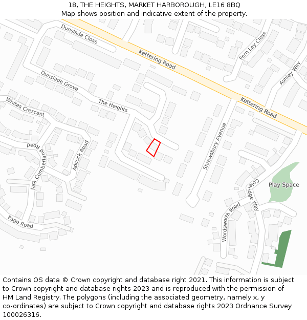 18, THE HEIGHTS, MARKET HARBOROUGH, LE16 8BQ: Location map and indicative extent of plot