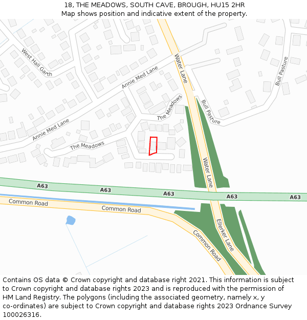 18, THE MEADOWS, SOUTH CAVE, BROUGH, HU15 2HR: Location map and indicative extent of plot