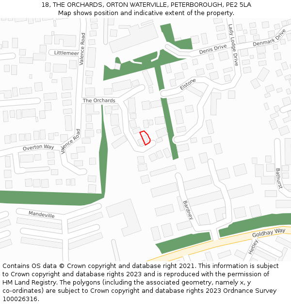 18, THE ORCHARDS, ORTON WATERVILLE, PETERBOROUGH, PE2 5LA: Location map and indicative extent of plot