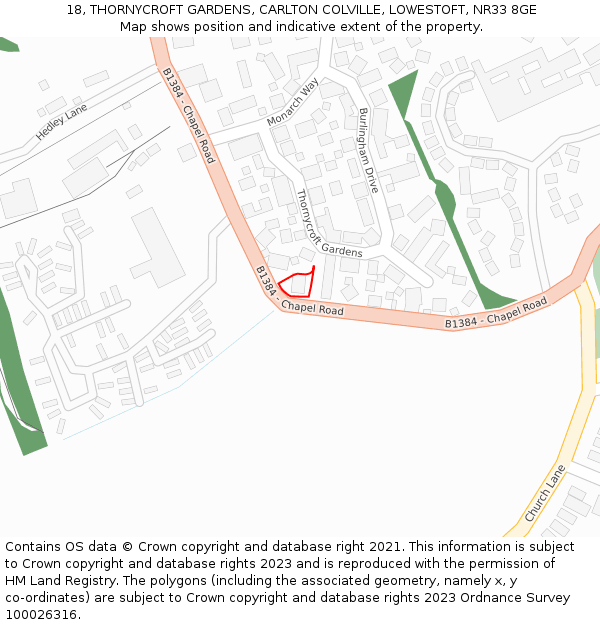 18, THORNYCROFT GARDENS, CARLTON COLVILLE, LOWESTOFT, NR33 8GE: Location map and indicative extent of plot