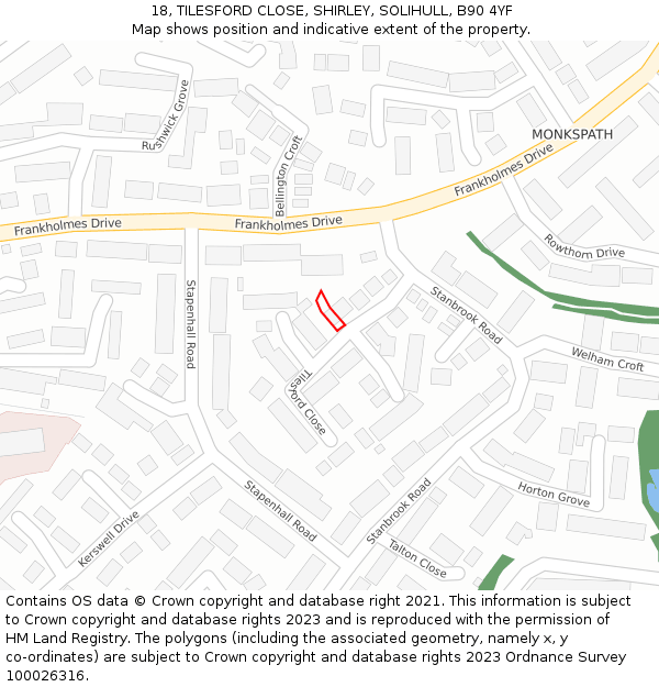 18, TILESFORD CLOSE, SHIRLEY, SOLIHULL, B90 4YF: Location map and indicative extent of plot