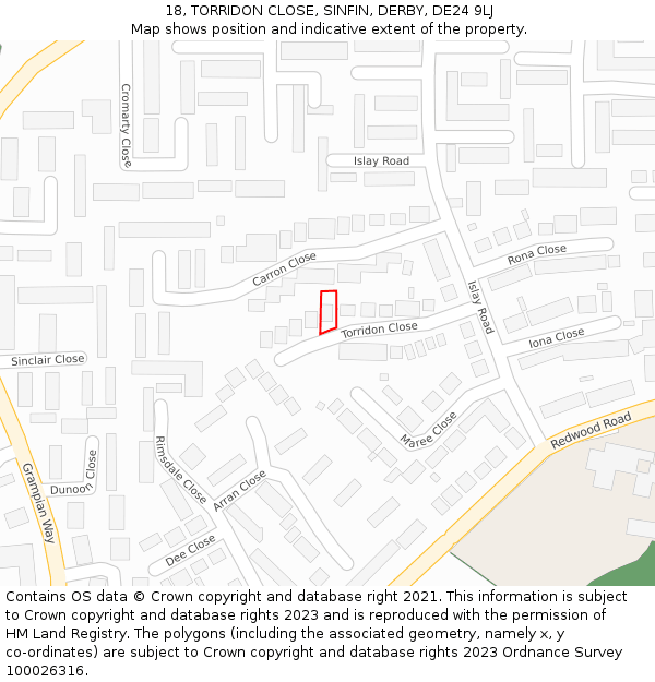 18, TORRIDON CLOSE, SINFIN, DERBY, DE24 9LJ: Location map and indicative extent of plot