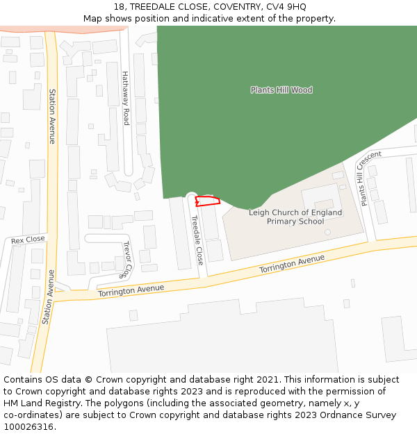 18, TREEDALE CLOSE, COVENTRY, CV4 9HQ: Location map and indicative extent of plot
