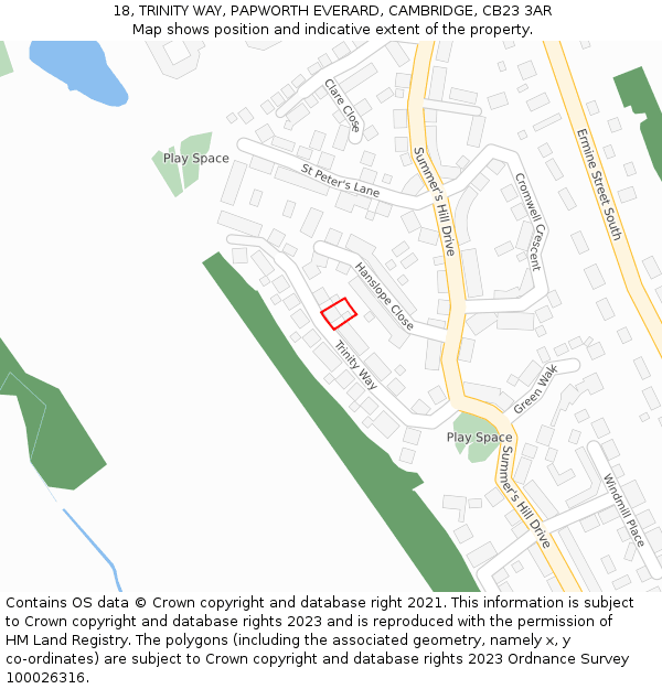 18, TRINITY WAY, PAPWORTH EVERARD, CAMBRIDGE, CB23 3AR: Location map and indicative extent of plot