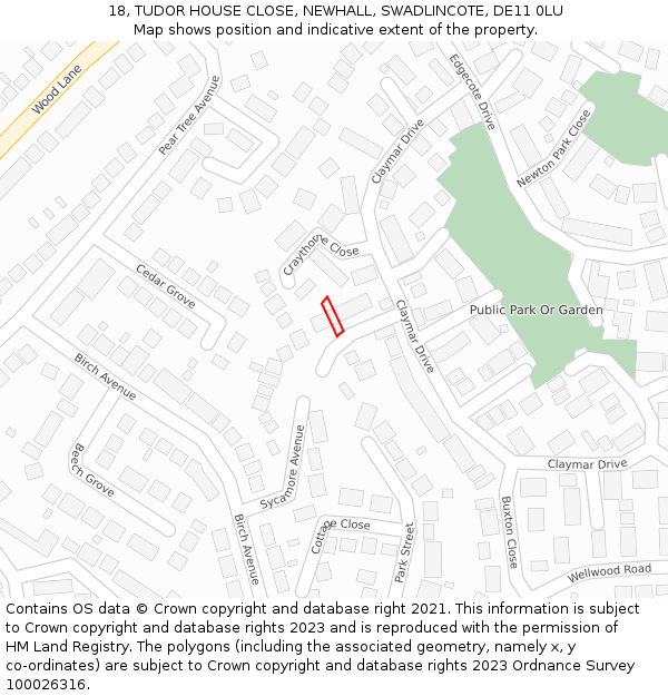 18, TUDOR HOUSE CLOSE, NEWHALL, SWADLINCOTE, DE11 0LU: Location map and indicative extent of plot