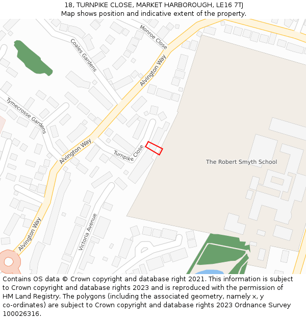 18, TURNPIKE CLOSE, MARKET HARBOROUGH, LE16 7TJ: Location map and indicative extent of plot
