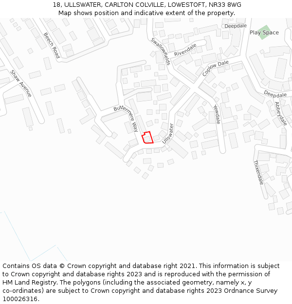 18, ULLSWATER, CARLTON COLVILLE, LOWESTOFT, NR33 8WG: Location map and indicative extent of plot