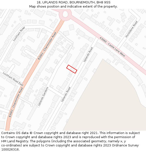 18, UPLANDS ROAD, BOURNEMOUTH, BH8 9SS: Location map and indicative extent of plot