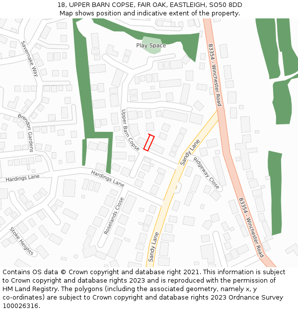 18, UPPER BARN COPSE, FAIR OAK, EASTLEIGH, SO50 8DD: Location map and indicative extent of plot