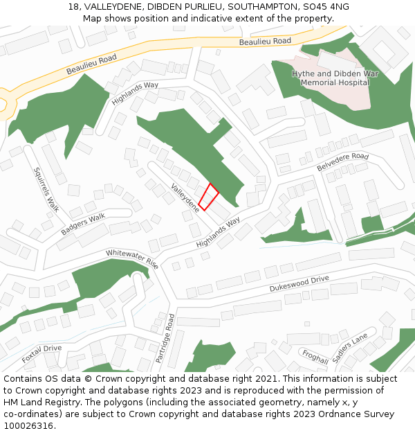 18, VALLEYDENE, DIBDEN PURLIEU, SOUTHAMPTON, SO45 4NG: Location map and indicative extent of plot