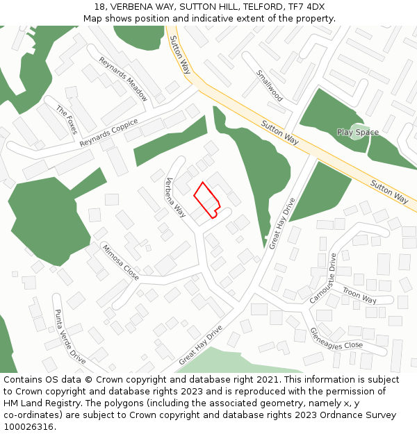 18, VERBENA WAY, SUTTON HILL, TELFORD, TF7 4DX: Location map and indicative extent of plot